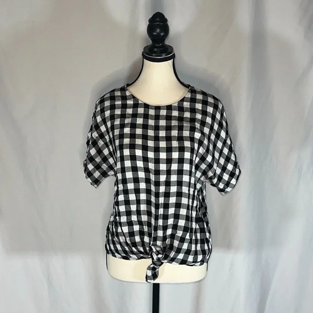 Madewell Buffalo Check black & White Button Back Tie Tee Blouse Medium - Picture 2 of 11